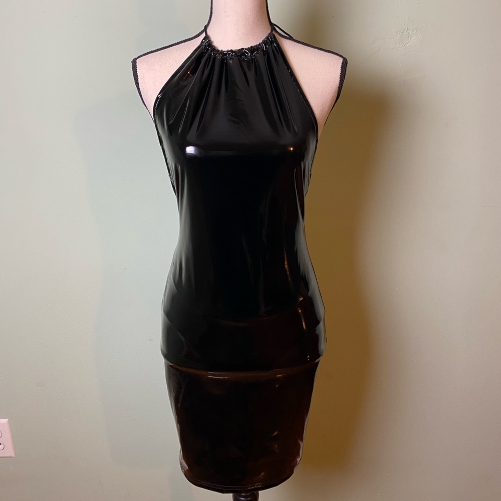 Black faux leather stretch mini dress